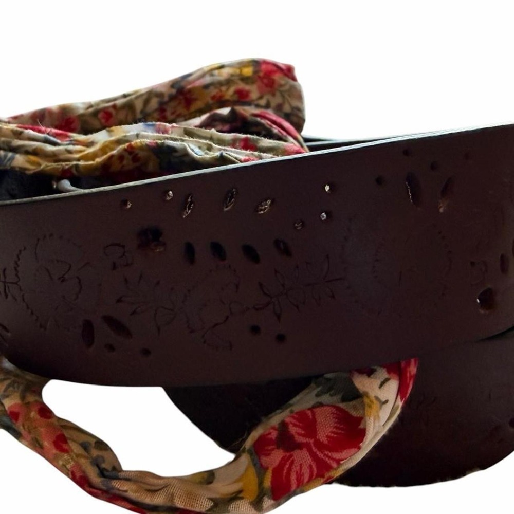 cottagecore brown floral eyelet leather ribbon tie belt l/xl - Picture 3 of 8